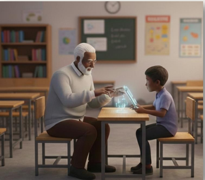 A tutor working one-on-one with a student in a classroom